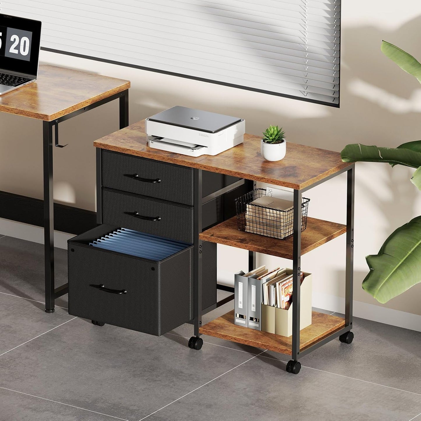 3 Drawer File Cabinet with Wheels Rolling Printer Stand with Open Storage Shelf Fabric Lateral Filing Cabinet for Home Office,Rustic Brown
