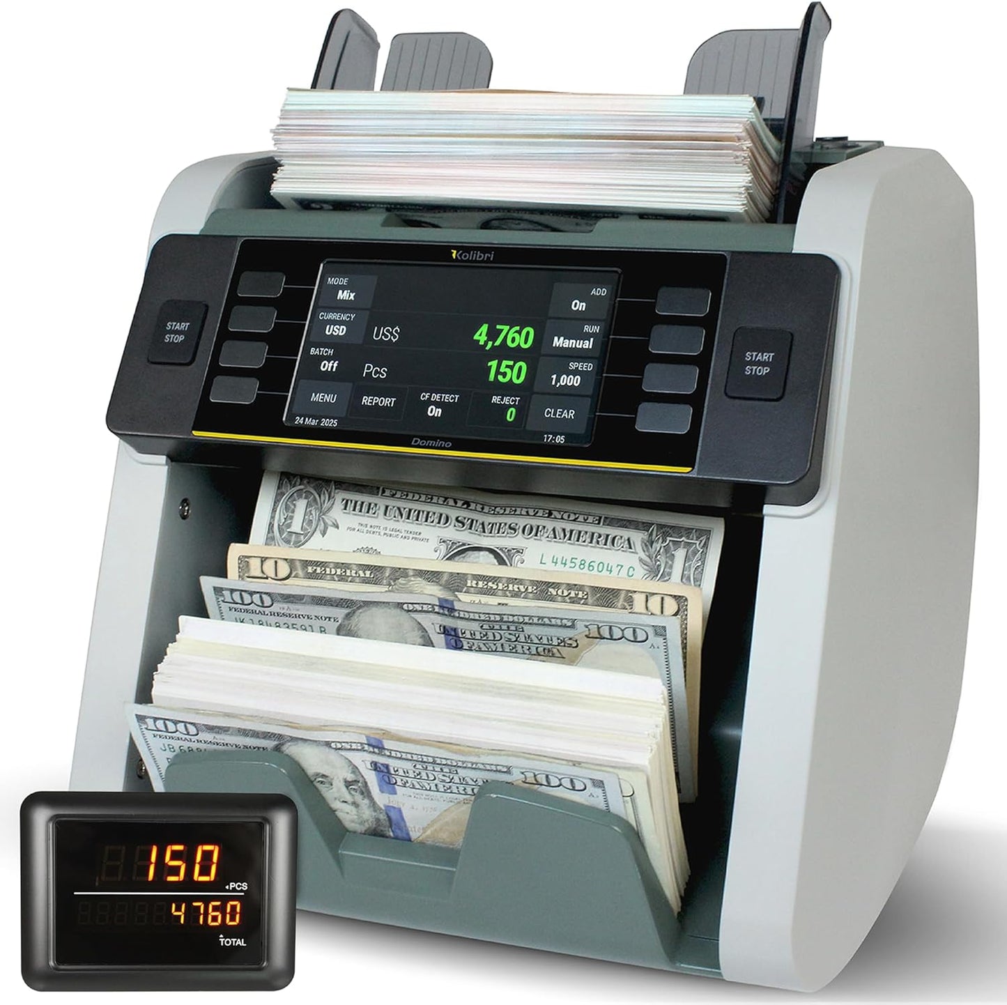 KOLIBRI Money Counter Machine, Advanced Fake Detection & LCD Display | 1,500 Bills per Minute Single-Denomination Cash Counter | Bill Counter Machine (US Customer Support) (B-Domino-V2)