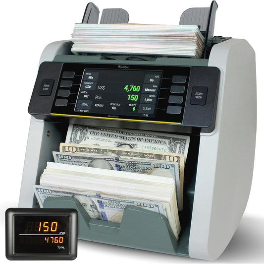 KOLIBRI Money Counter Machine, Advanced Fake Detection & LCD Display | 1,500 Bills per Minute Single-Denomination Cash Counter | Bill Counter Machine (US Customer Support) (B-Domino-V2)