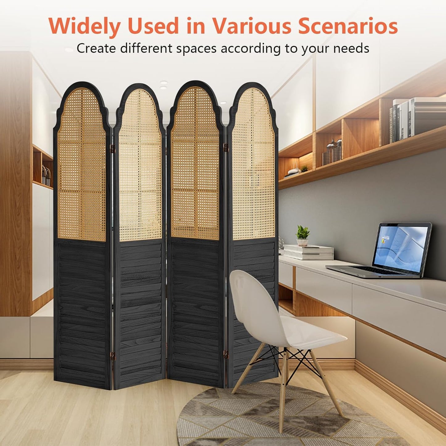 4 Panel Rattan Folding Screen Room Divider, Privacy Dividers for Rooms, Louvered Partition Dividers, Room Divider Panel for Bedroom, Dressing Room, Balcony, Black