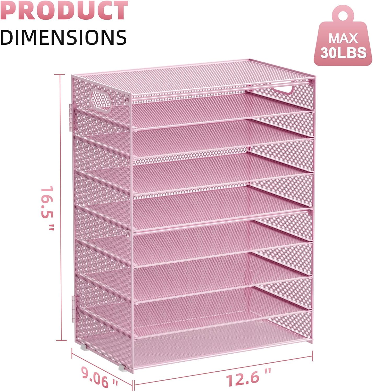 Marbrasse Paper Organizer Letter Tray, 9 Tier Mesh File Organizer with Handle, Paper Sorter Desk Organizer for Home Office Supplies - Pink