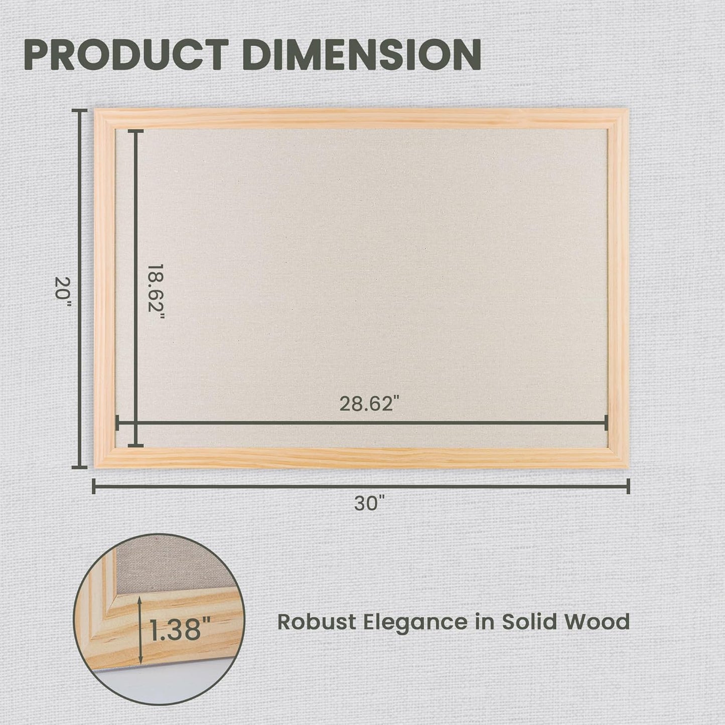 Bulletin Board Cork Board with Linen, 100% Wood Framed 24" x 36" Bulletin Board Decorations, Pin Boards for Walls, Wall Mounted Fabric Picture Board with 10 Pushpins for School, Home & Office, Natural