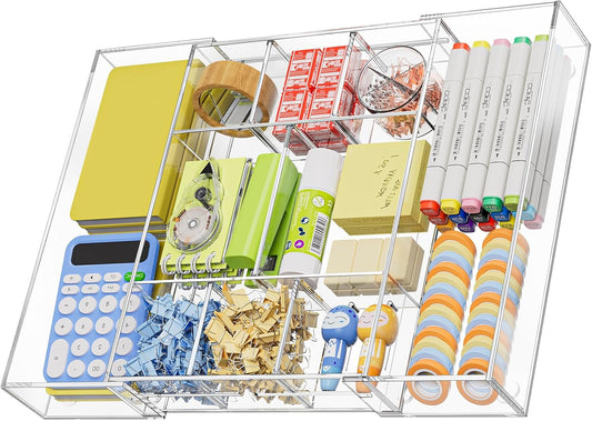 Marbrasse Acrylic Expandable Drawer Organizer, Clear Desk Drawer Organizer Tray with 5 Dividers, Desk Organizers and Accessories, 10 Adjustable Compartments for Office Supplies, Makeup & Vanity