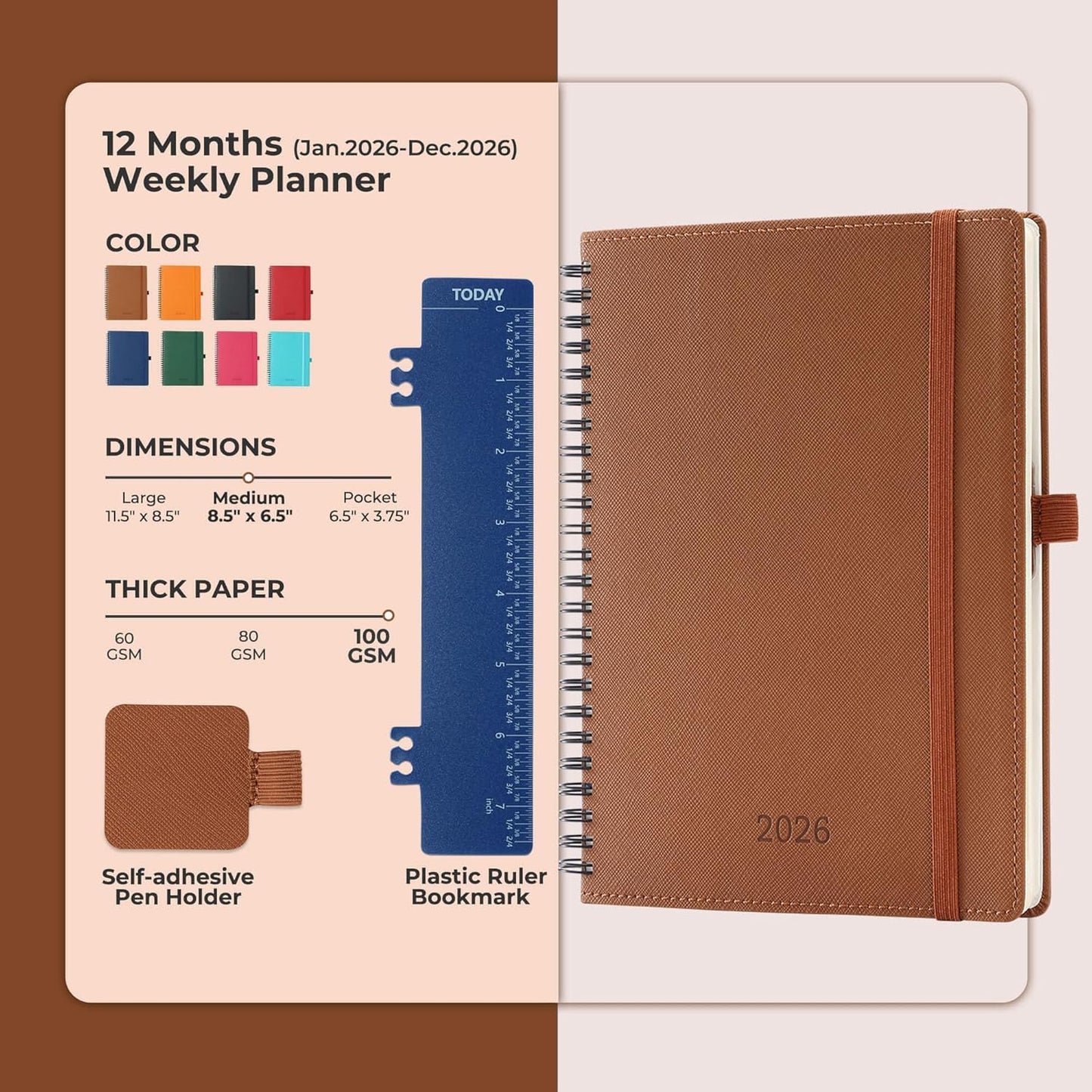Planner 2026 Daily Weekly and Monthly,8.5"x6.5",12 Months Spiral Bound Calendar Agenda with Self-adhesive Pen Holder,2026 Appointment Book with Vegan Leather Soft Cover,Brown