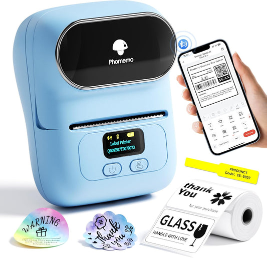Phomemo Barcode Label Printer - M110 Label Maker Portable Bluetooth Label Maker Machine for Small Business, Barcode, Address, Logo, Clothing, Jerwery, Thermal Printer Compatible with Phones & PC, Blue