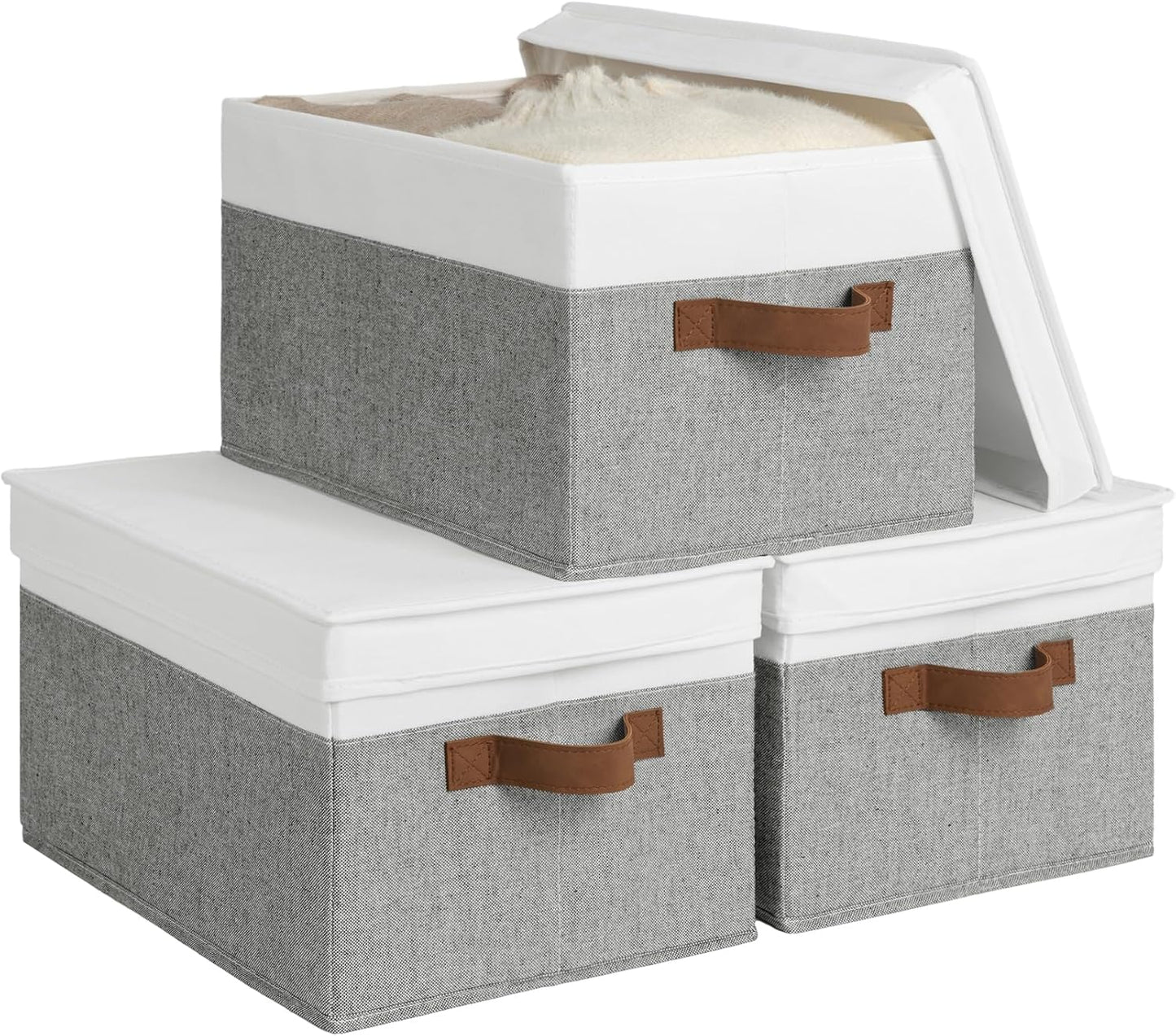 StorageWorks Large Storage Bins with Lids, Decorative Storage Boxes with Lid and PU Handles, Foldable Storage Baskets for Closet, Shelves, Stackable, Grey and White, 3-Pack