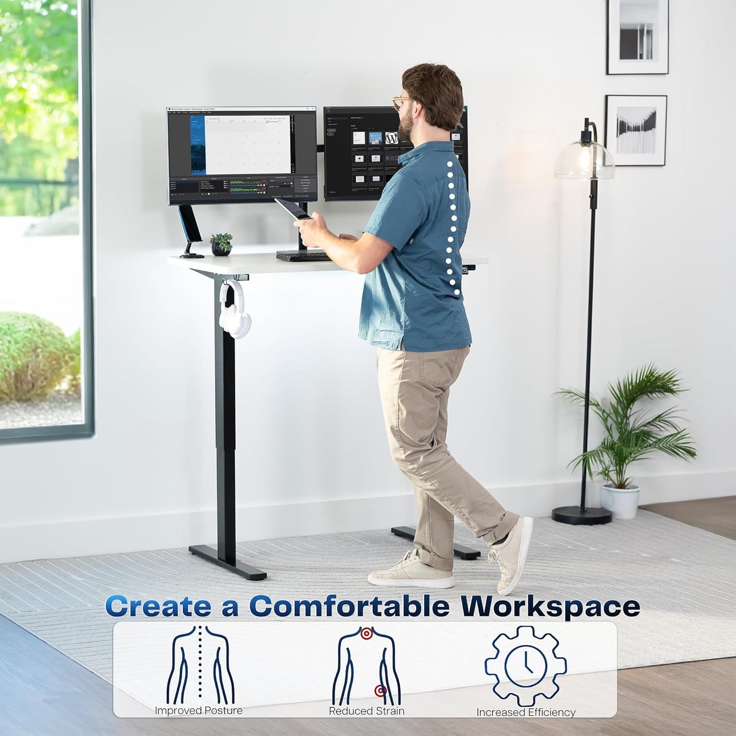 VIVO Electric 43 x 24 in Standing Desk, Memory Height Adjustment, 1B Series, One-Piece White Top, Black Frame, DESK-KIT-1B4W