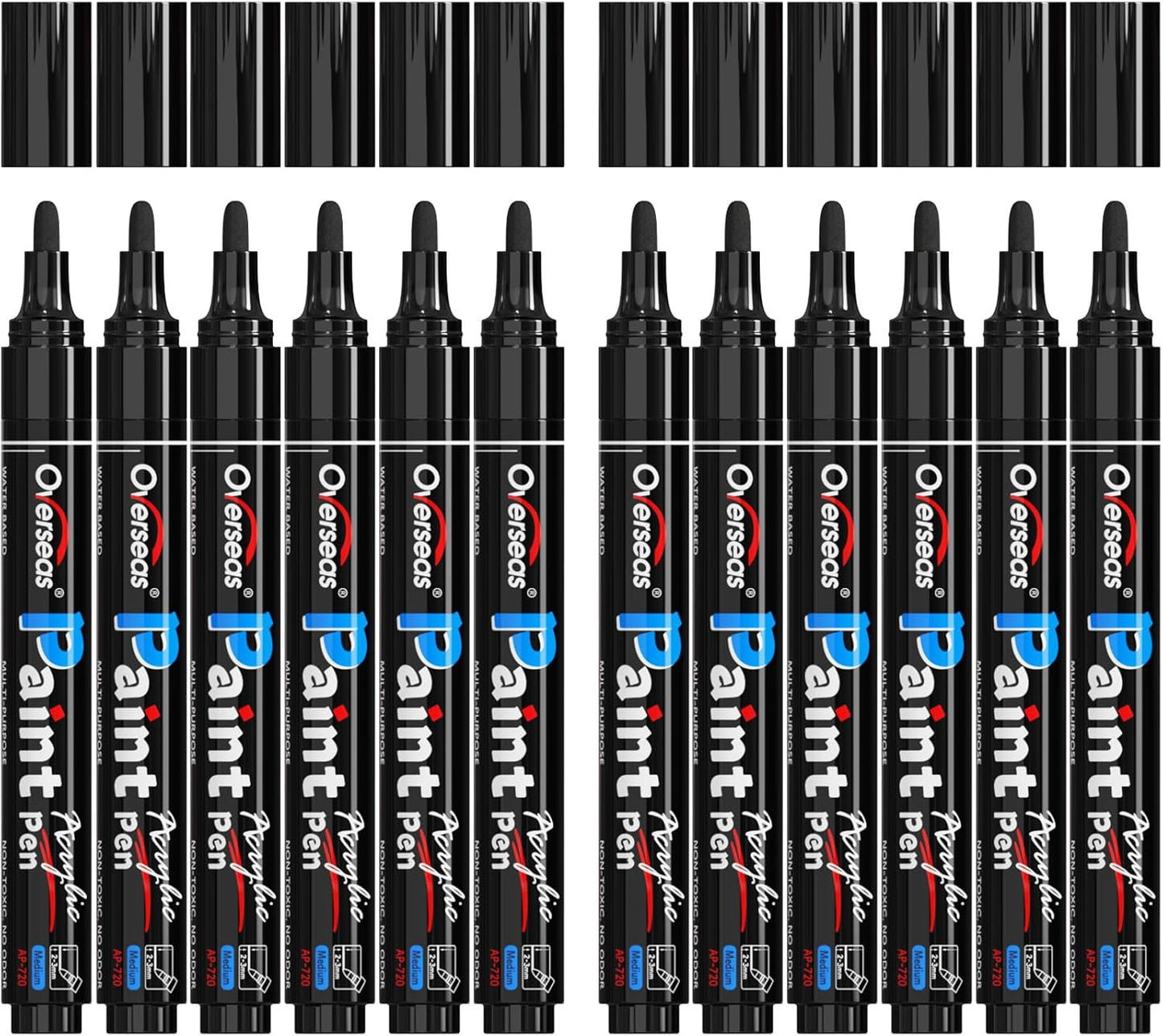 Overseas Black Paint Pens Paint Markers - Permanent Acrylic Markers 12 Pack, Water-Based, Quick Dry, Waterproof Marker Pen for Rock, Wood, Plastic, Metal, Canvas, Glass, Fabric, Mugs. Medium Tip