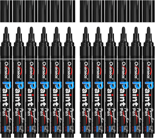 Overseas Black Paint Pens Paint Markers - Permanent Acrylic Markers 12 Pack, Water-Based, Quick Dry, Waterproof Marker Pen for Rock, Wood, Plastic, Metal, Canvas, Glass, Fabric, Mugs. Medium Tip