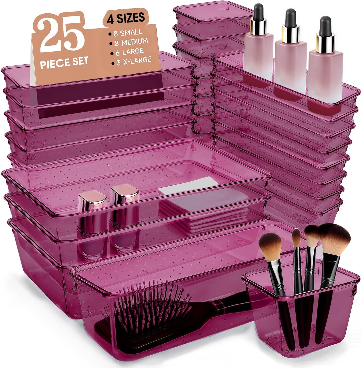 Kitchen Desk Drawer Organizers Storage for Office, Small Acrylic Vanity Trays Makeup for Drawer Bathroom Plastic Make up Organizers 25 Pcs Burgundy
