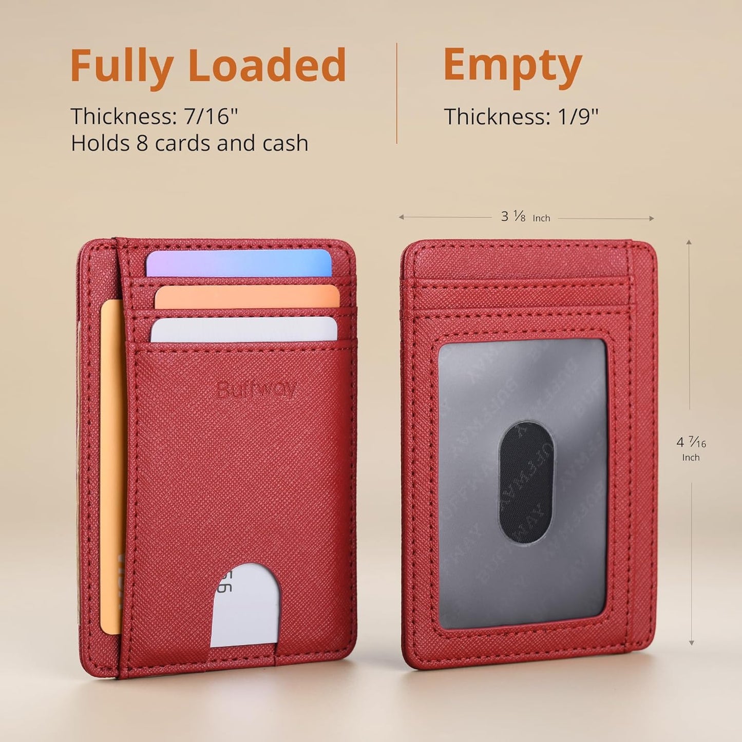 Buffway Slim Minimalist Front Pocket RFID Blocking Leather Wallets for Men and Women - Cross Red