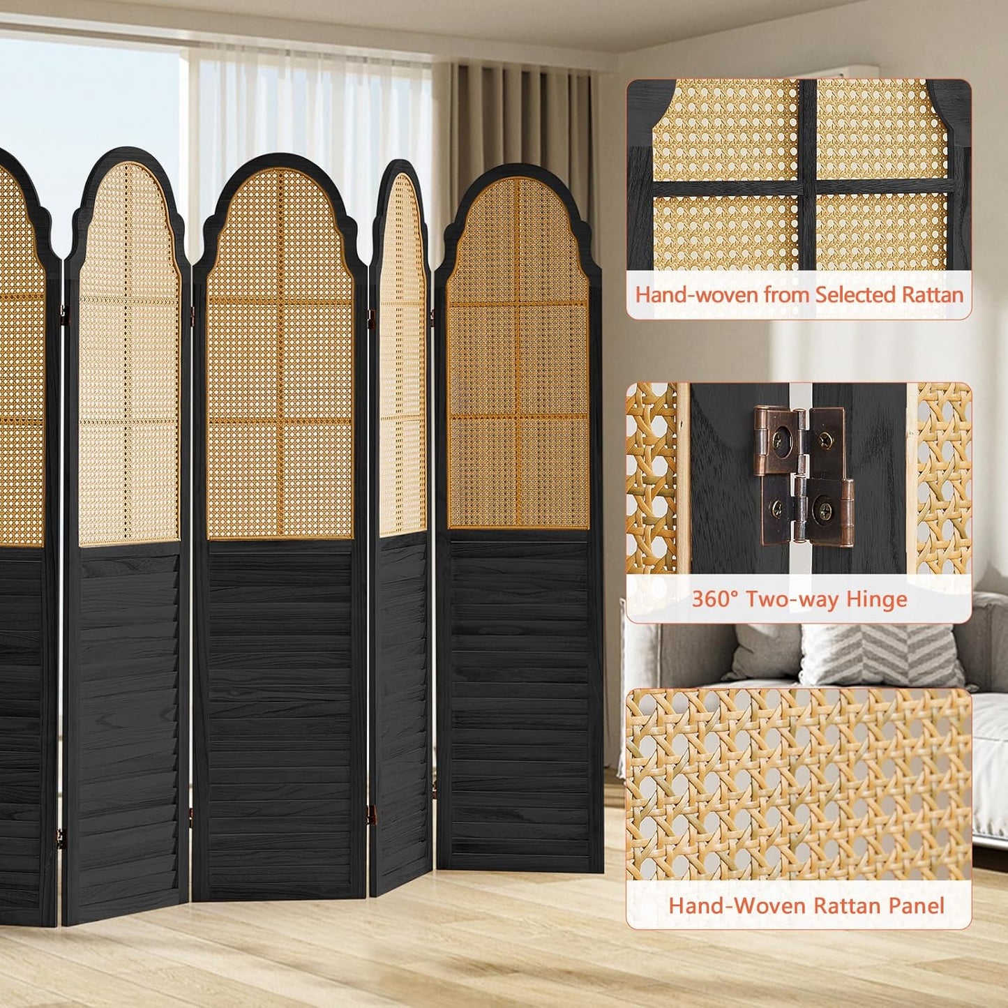 6 Panel Rattan Folding Screen Room Divider, Privacy Dividers for Rooms, Louvered Partition Dividers, Room Divider Panel for Bedroom, Dressing Room, Balcony, Black
