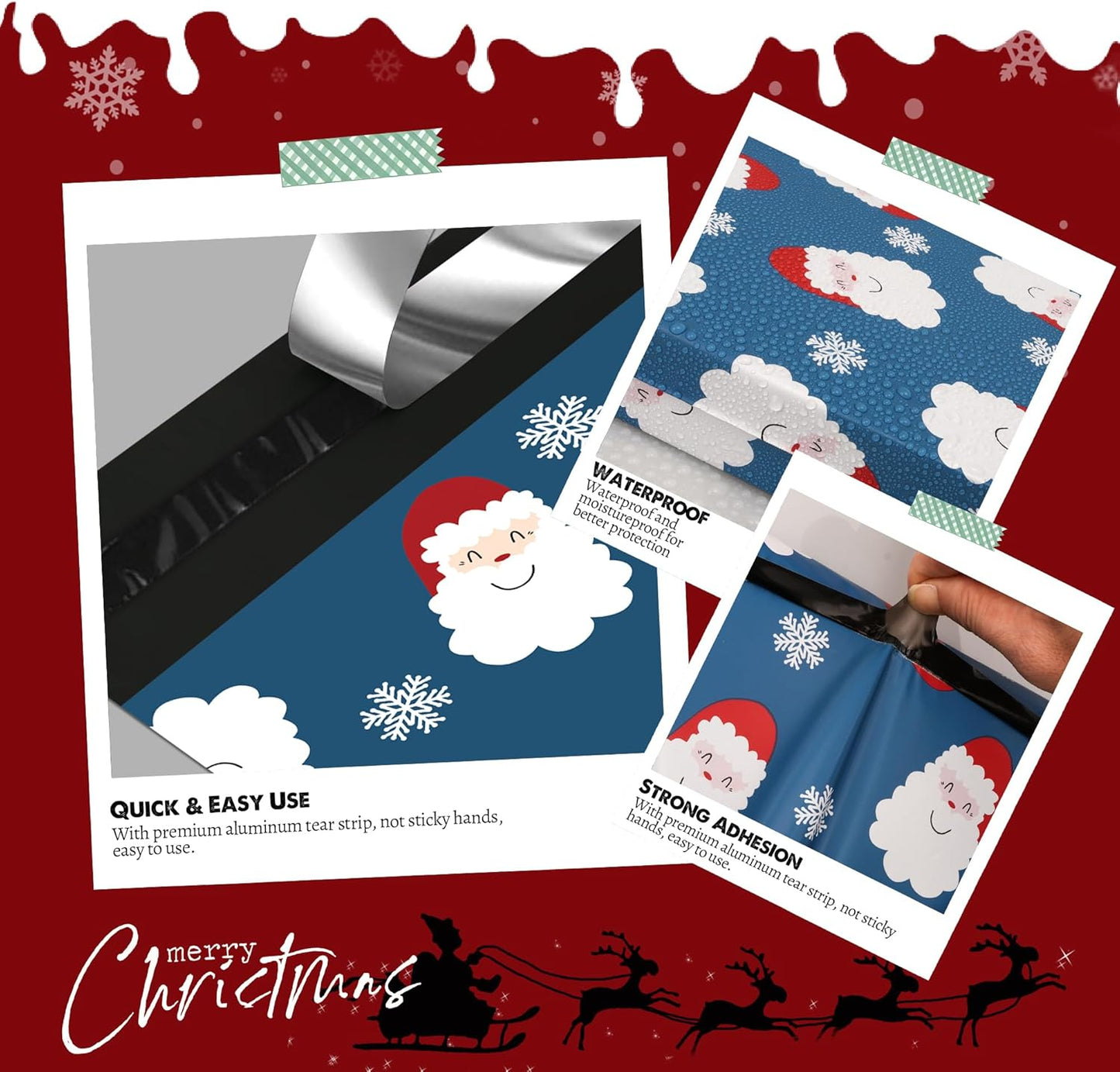 Christmas Poly Mailer 6x9 Inch 100 Pcs, Waterproof Shipping Bags for Clothing, Tear-Resistant Mailier Bags, Strong Mailing Bags with Self-Seal - Santa Claus and Snowflakes Printed