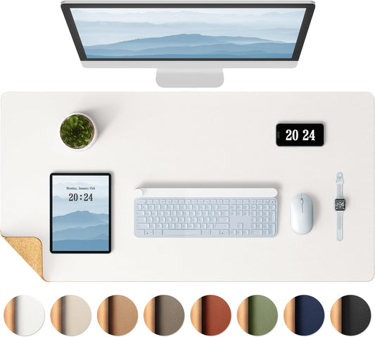 Aothia Dual-Sided Desk Mat - Leather & Cork Desk Protector, Large Mouse Pad & Writing Pad, Waterproof, Off-White (35.4" x 15.7")