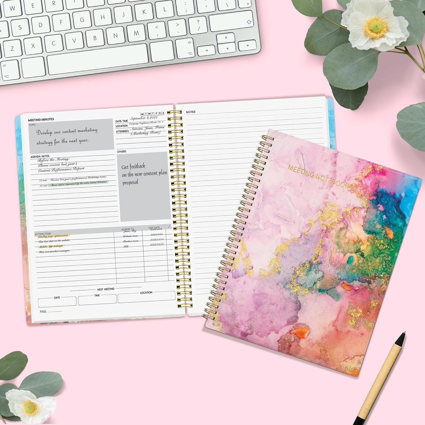SUNEE Half Meeting Half Note - 8.5"x11" Professional Notebooks for Work - 160 Pages, A4 Size Project Planner, Spiral Meeting Agenda/Minutes Organizer for Women Men, Note Taking, Office & Business