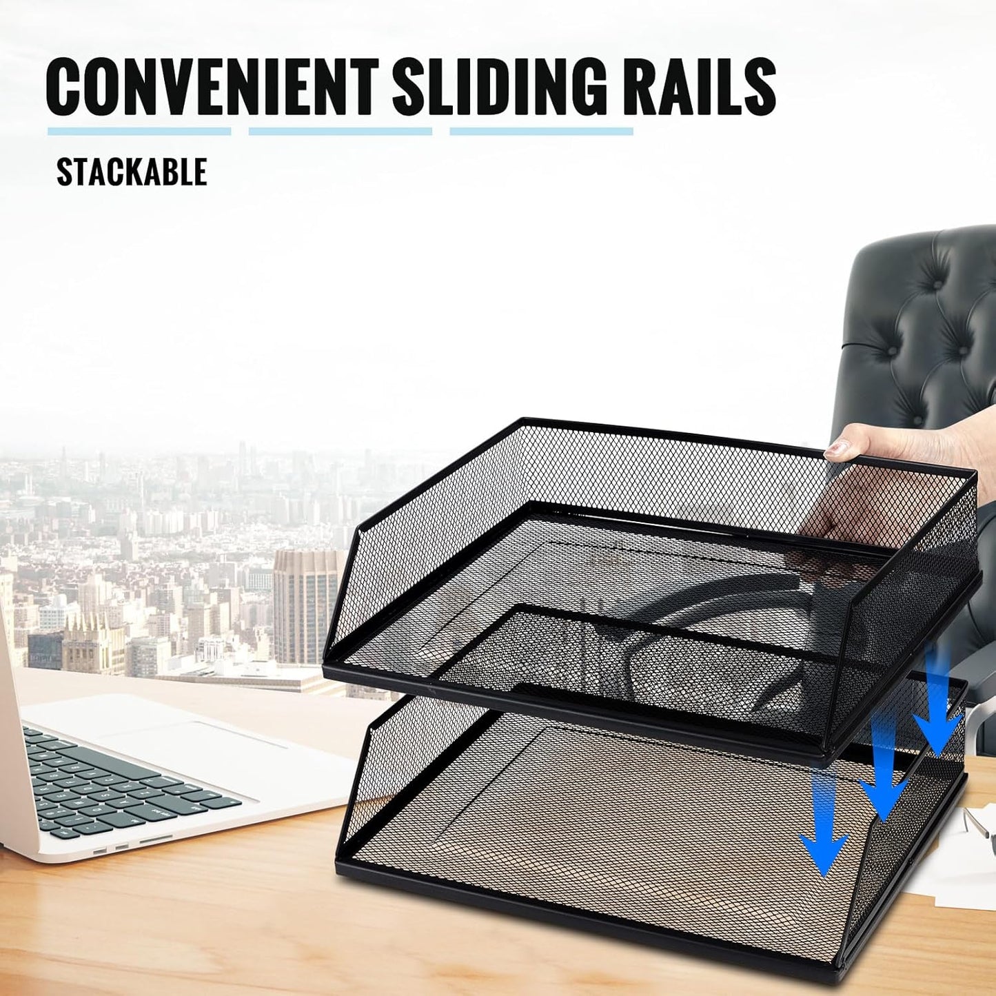 Hicarer 2 Pcs Black Metal Letter Tray Stackable Desk Tray Single Wire Mesh Organizer Front Load File Paper Holder for Desktop Office Home School Classroom (9.84 x 12.8 Inch)