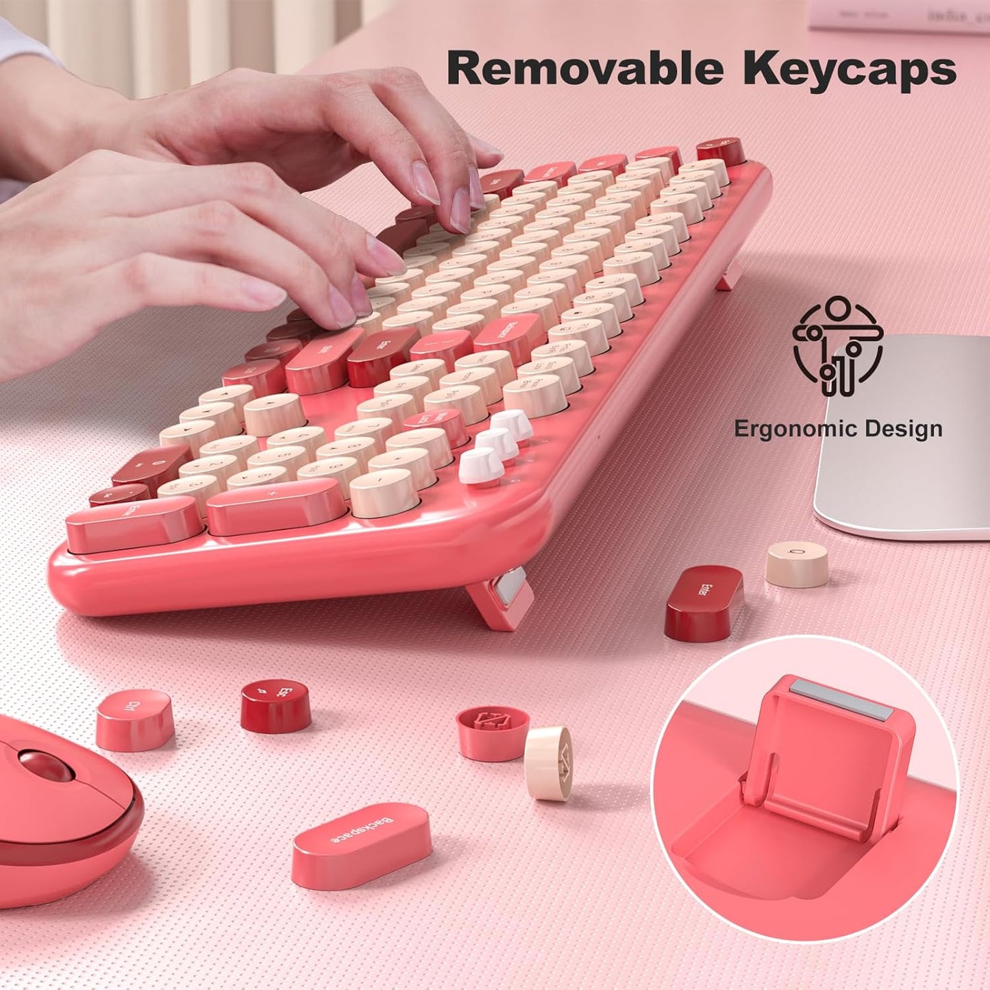 Wireless Keyboard and Mouse Combo, 2.4Ghz USB Retro Full Size Typewriter Keyboard and Cute Mouse Set for Windows 7/8/10, Laptop, Desktop, PC, Computer