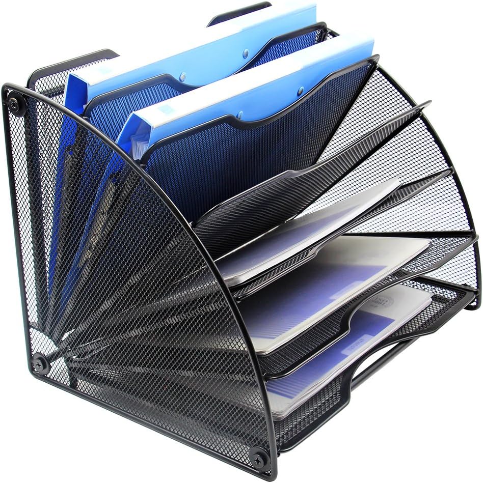 EasyPAG Desk File Organizer, 6-Section Vertical File Folder Holder Stand, Fan-Shaped Metal Rack File Sorter for Office Classroom Desktop Organization, Black