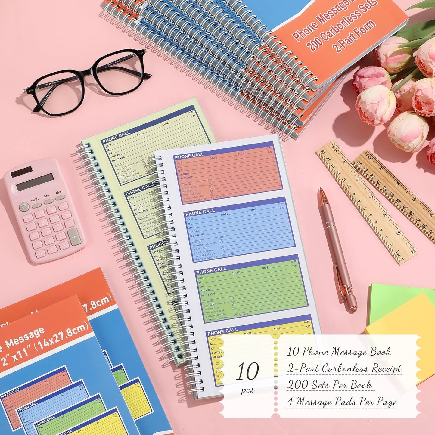 10 Pcs Spiral Bound Phone Message Book 5-1/2" x 11" 2 Part Colorful Carbonless Phone Message Pads 4 Messages Per Page Carbon Copy Notebook Spiral Phone Call Log Book for Business Office
