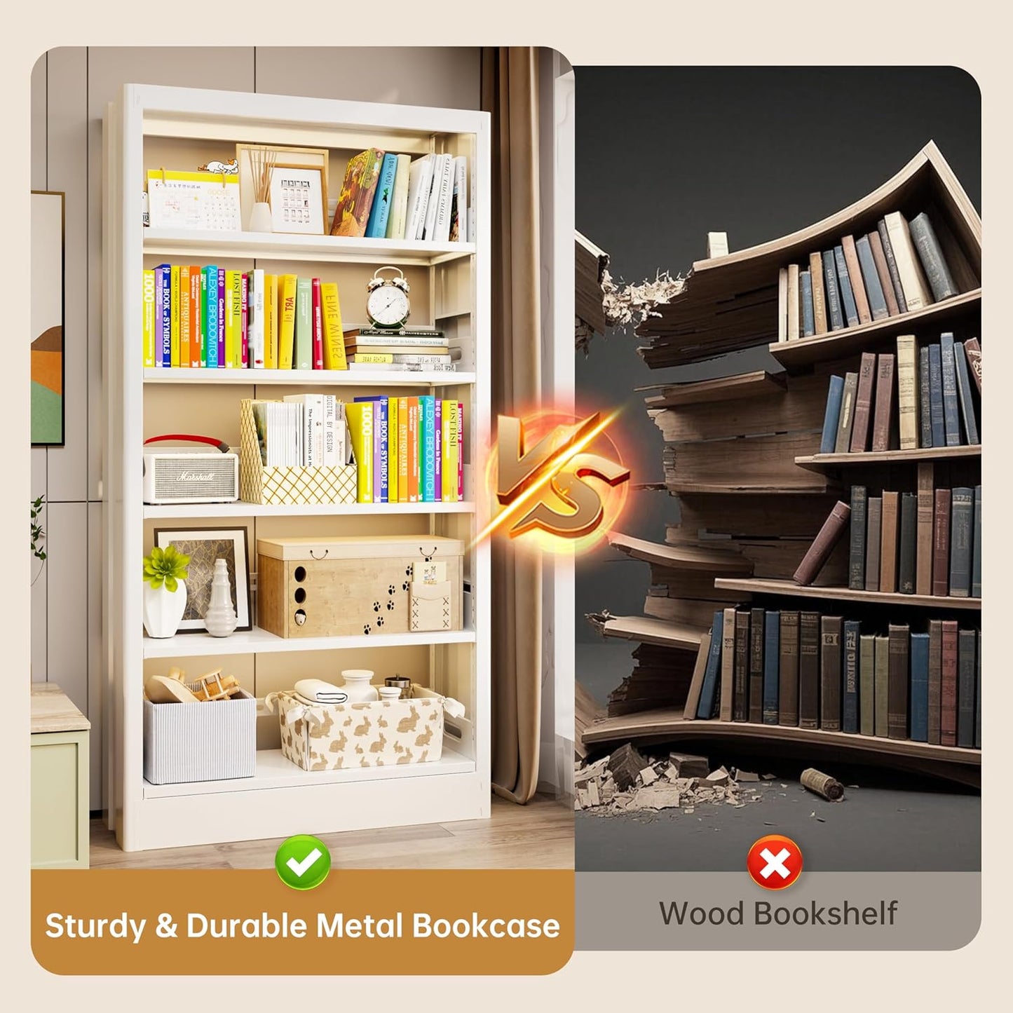 5-Tier Adjustable Bookcase, Heavy Duty Bookshelf with Book Stopper, Metal Bookcase for Library, Office, Living Room