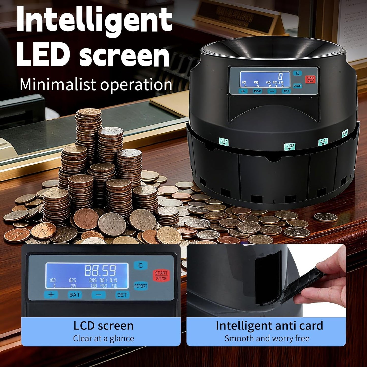 High Speed USD Coin Counter,efficient Counting of 300 Coins per Minute,Precise Counting on LCD Display Screen,Integrated Automatic Packaging Drum,Expert in handling Bank and Shop Change