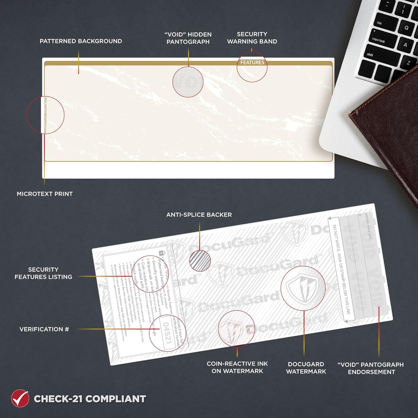 DocuGard Standard Gold Marble Bottom High Security Check Paper - Laser/Inkjet Printer Compatible - 11 Security Features - 500 Blank Business Checks (04521)