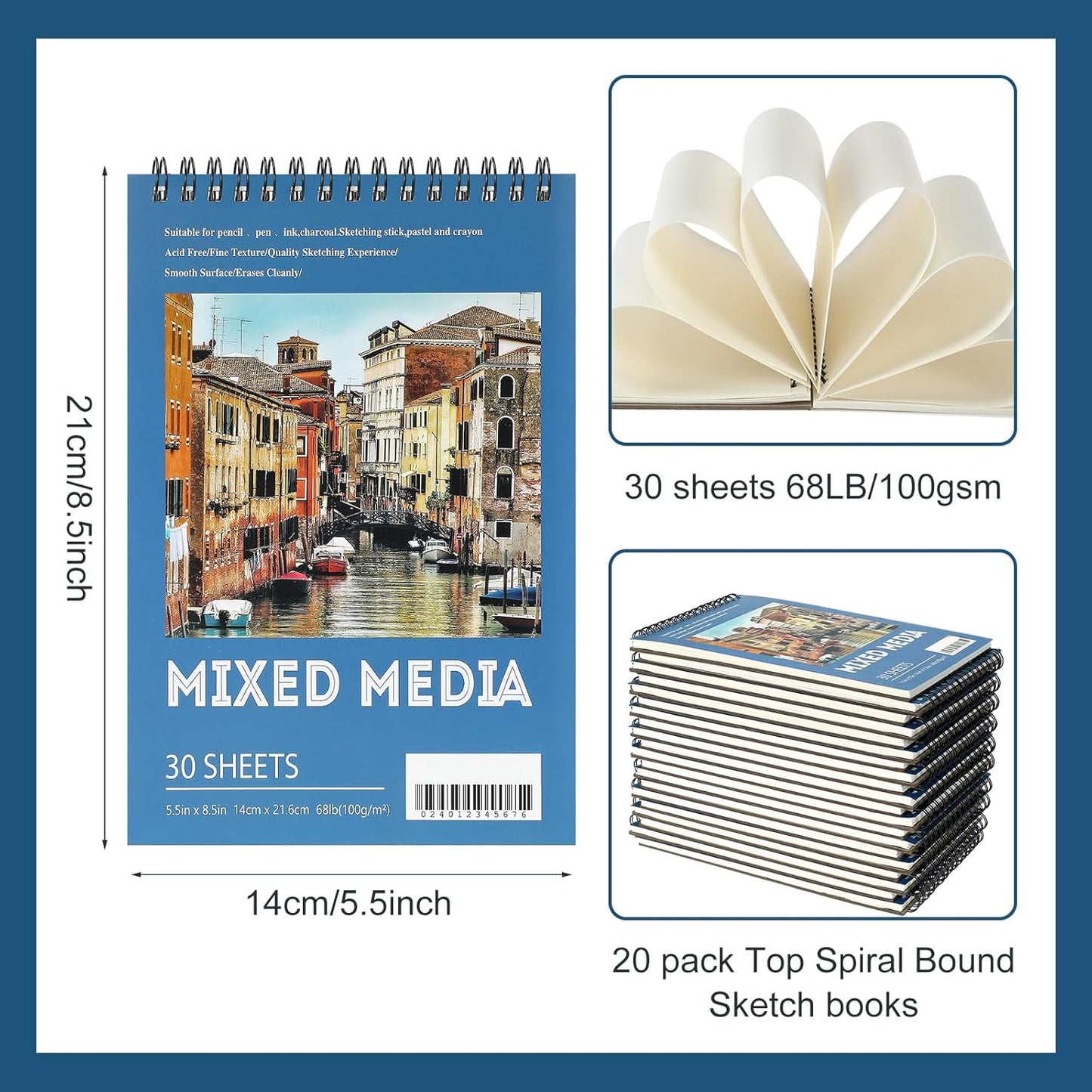 Jexine 20 Pcs 5.5'' x 8.5'' Top Spiral Bound Sketch Pad 30 Sheet Each(68lb/100gsm), Sketching Drawing Pad Artist Sketch Pad Kids Drawing Paper Art Sketchbook for Charcoal Graphite Painting