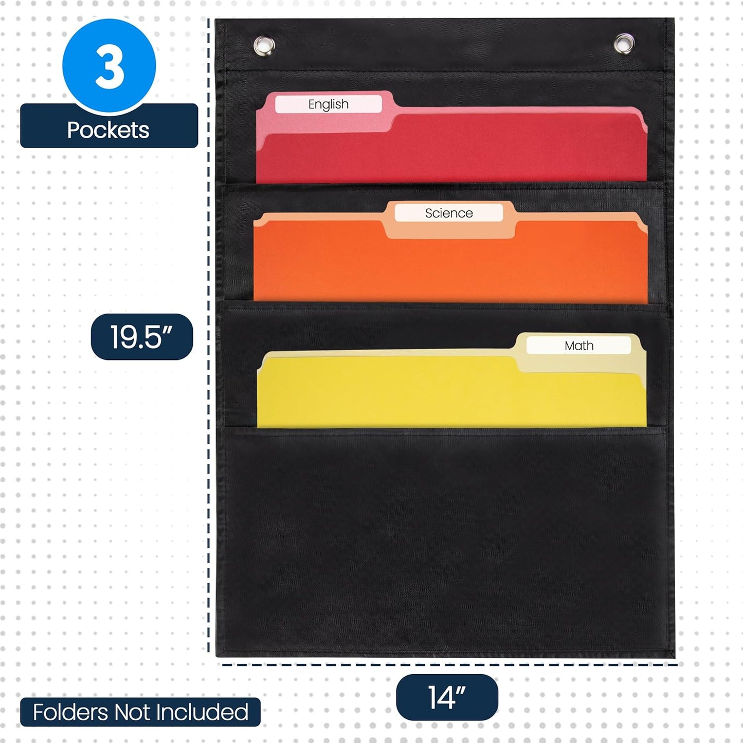 Essex Wares - 3 Pocket File Pocket Chart, Black, 14" Wide x 19.5" Tall - Versatile Wall Hanging File Folder Organizer for Classroom, Office, Home, and More - Wall Folder Organizer - 3 Pockets