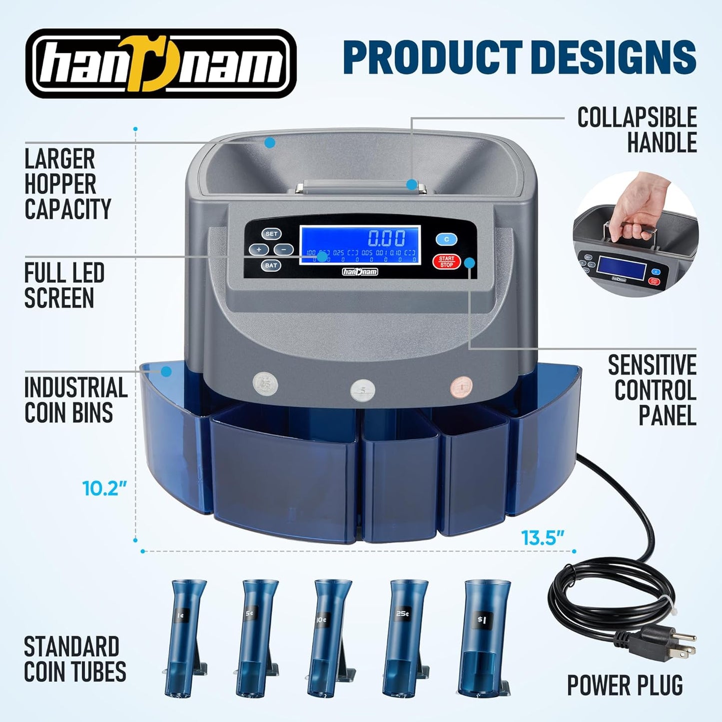 Coin Counter Machine, Electric Coin Sorter Sort 270 Coins/Minute, USD Change Counter Machine,500 Coins Capacity Automatic Coin Sorter and Wrapper Machine, Coin Counting Roller Machine with LCD Display