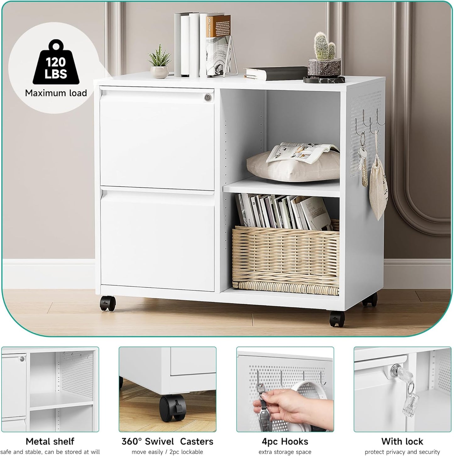 SISESOL 2 Drawer File Cabinet with Lock and Shelf,Mobile Lateral Filing Cabinet,Metal File Organizer Cabinet with Open Storage Shelves for Home Office Fit Legal/Letter A4 Size