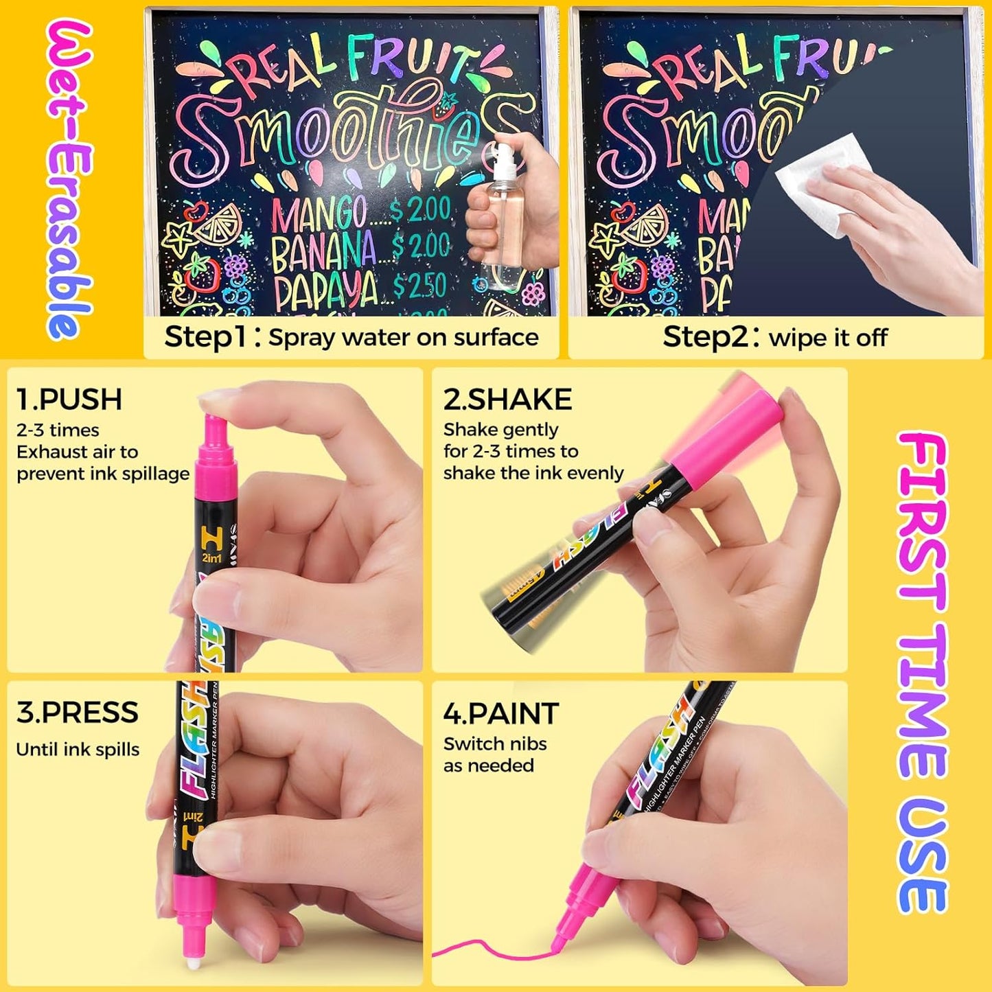 SFAIH Fine Tip Liquid Chalk Markers for Bhalkboard [1-Second Wet Wipe], 0.7-1mm 24 Colors [Neon+Pastel+Metallic], Chalk Pens for Chalkboard, Calendar, Windows, Glass, Includes Highlighter Color Marker
