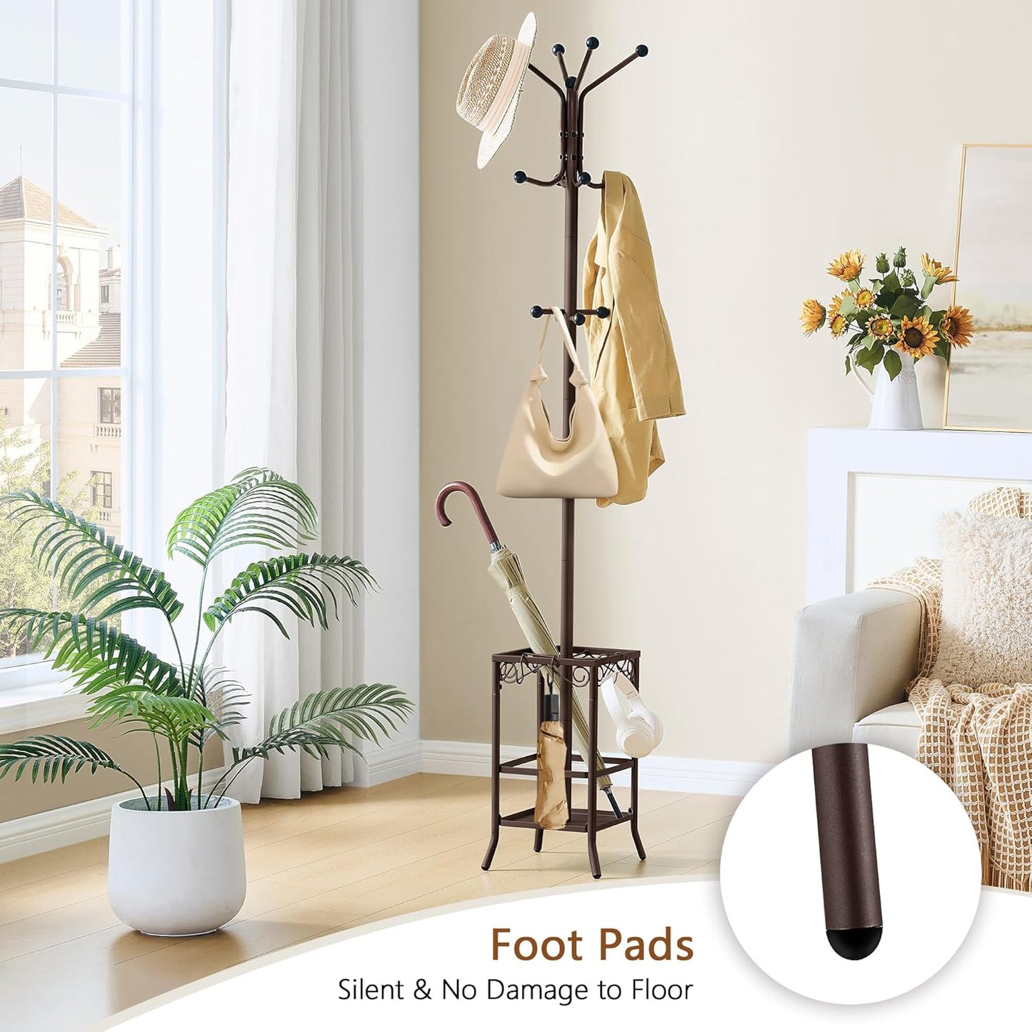 Hoctieon Coat Rack Freestanding, Coat Tree with Umbrella Holder, Metal Coat Rack Stand with 12 Hooks, Standing Coat Hanger Stand, Umbrella Stand for Entryway, Hat Rack Stand for Home Office, Brown
