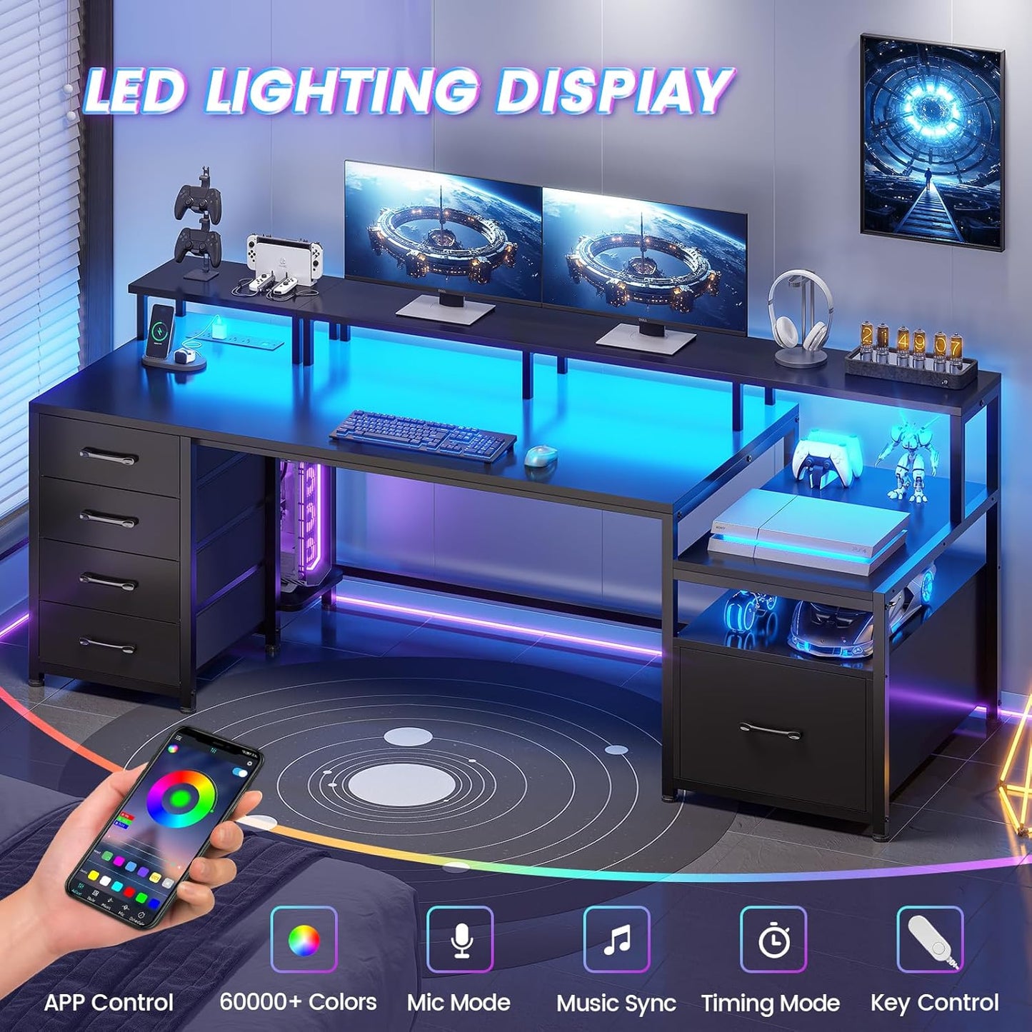 SEDETA 75'' Computer Desk with 5 Drawer, Power Outlet & Led Lights, Home Office Desk with File Drawer, Storage Shelves, Printer Cabinet and Monitor Shelf, 23.6" W Large Desktop Gaming Desk, Black