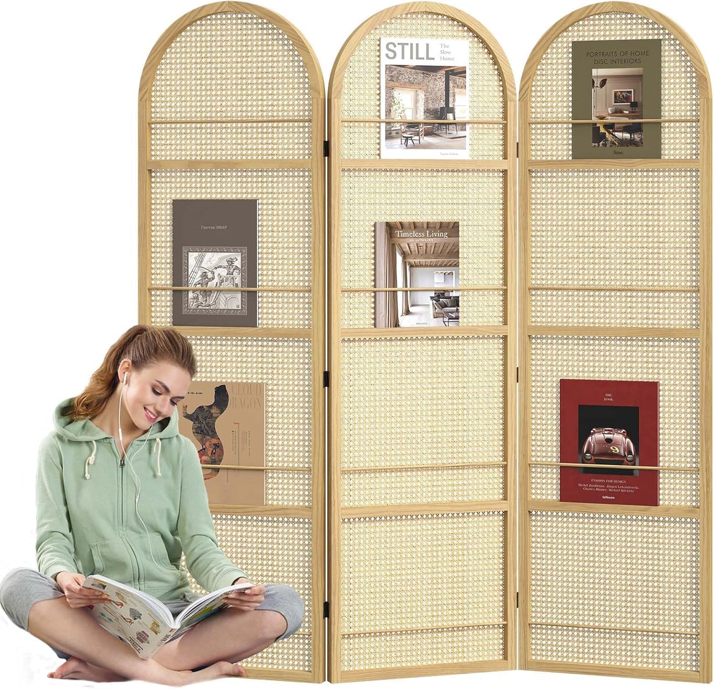 Rattan Room Divider with Built-in Bookshelf | Foldable Privacy Screen & Portable Partition for Home Office, Bedroom, Reading Nook | Wooden Frame, Freestanding Design (Natural-Rattan)