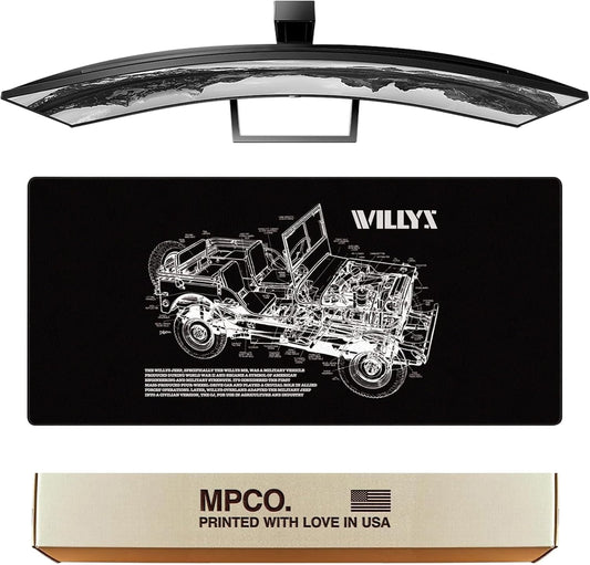 MPCO. Blueprints Large Gaming Desk Pad - 36" x 17" Aeroglyde Fabric Willys Jeep – Black Desk Mats - Non-Slip, Washable, Smooth Glide for Precision Gaming & Work