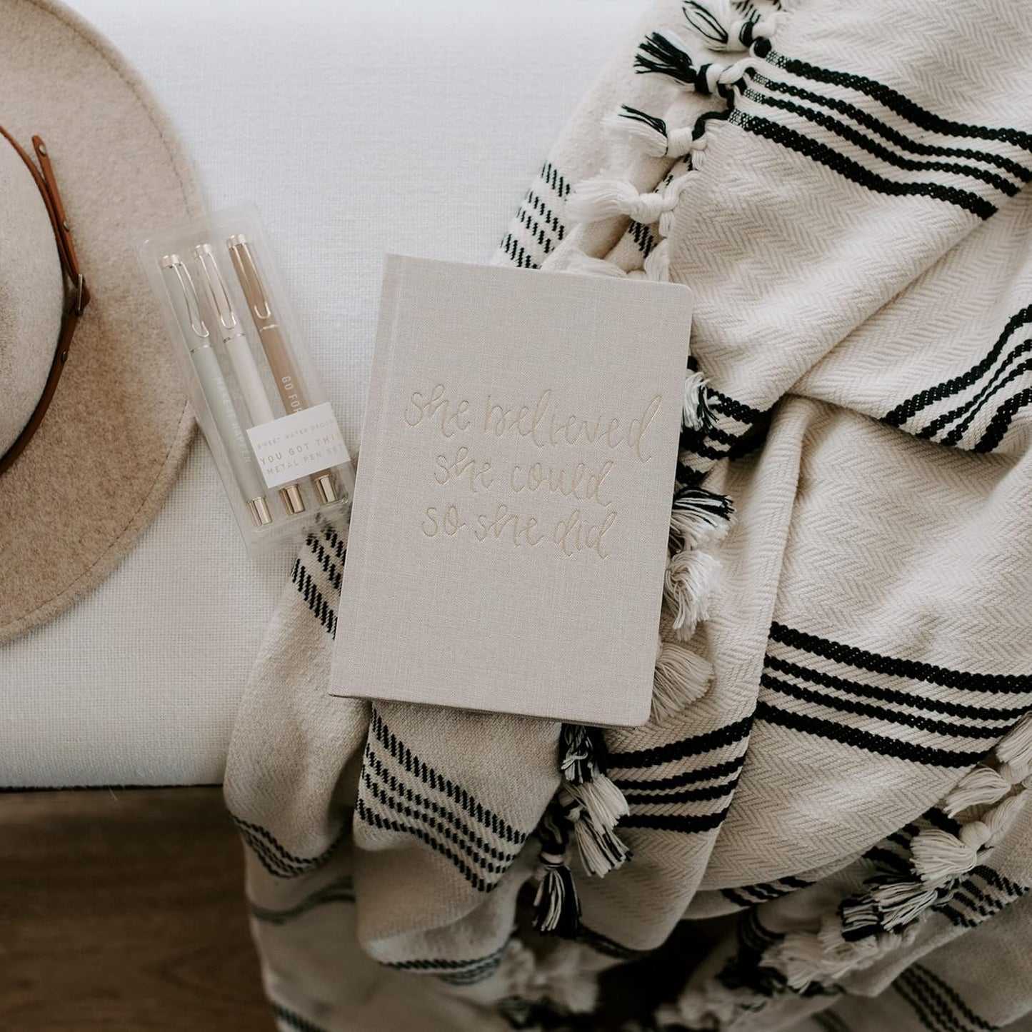 Sweet Water Decor Cute Motivational Lined Composition Notebook for Women, 100 Ruled Pages for Writing, Diary with Fabric Inspirational Cover (Tan She Believed She Could)