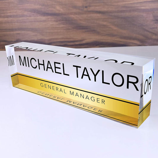 Artblox Personalized Name Plate for Desk | Gold Stripe On Clear Acrylic Glass | Custom Desk Name Plate Personalized with Name and Credentials for Teacher Phd Military Office Name Plate (8" X 2.5")