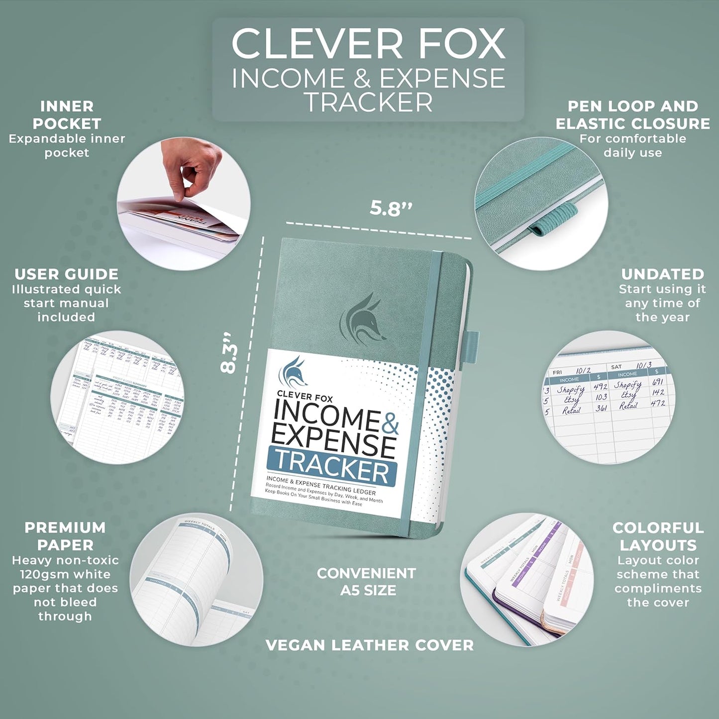 Clever Fox Income & Expense Tracker – Accounting & Bookkeeping Ledger Book for Small Business – 1-Year Record Notebook, A5 (Blue Surf)