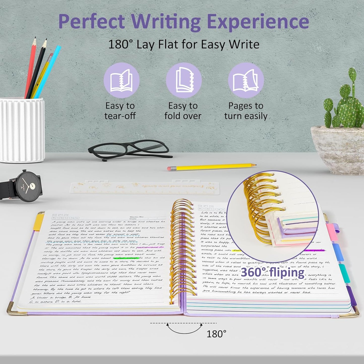 Hardcover Spiral Notebook Journal, 8"x10" Large B5 Notebooks with Removable Dividers Tabs, 300 Pages Leather 5 Subject Notebook College Ruled, Journal for Work School Note, 100 GSM Thick Paper,Purple.