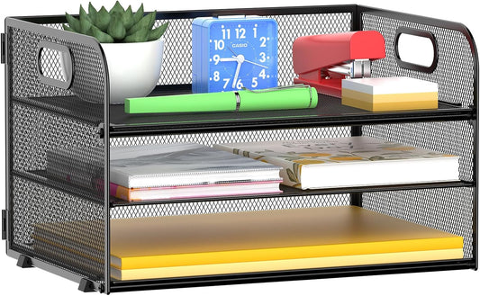 3 Tier Paper Organizer Tray with Handle, Mesh Letter Tray for Office, Home, School (1 Pack), Black