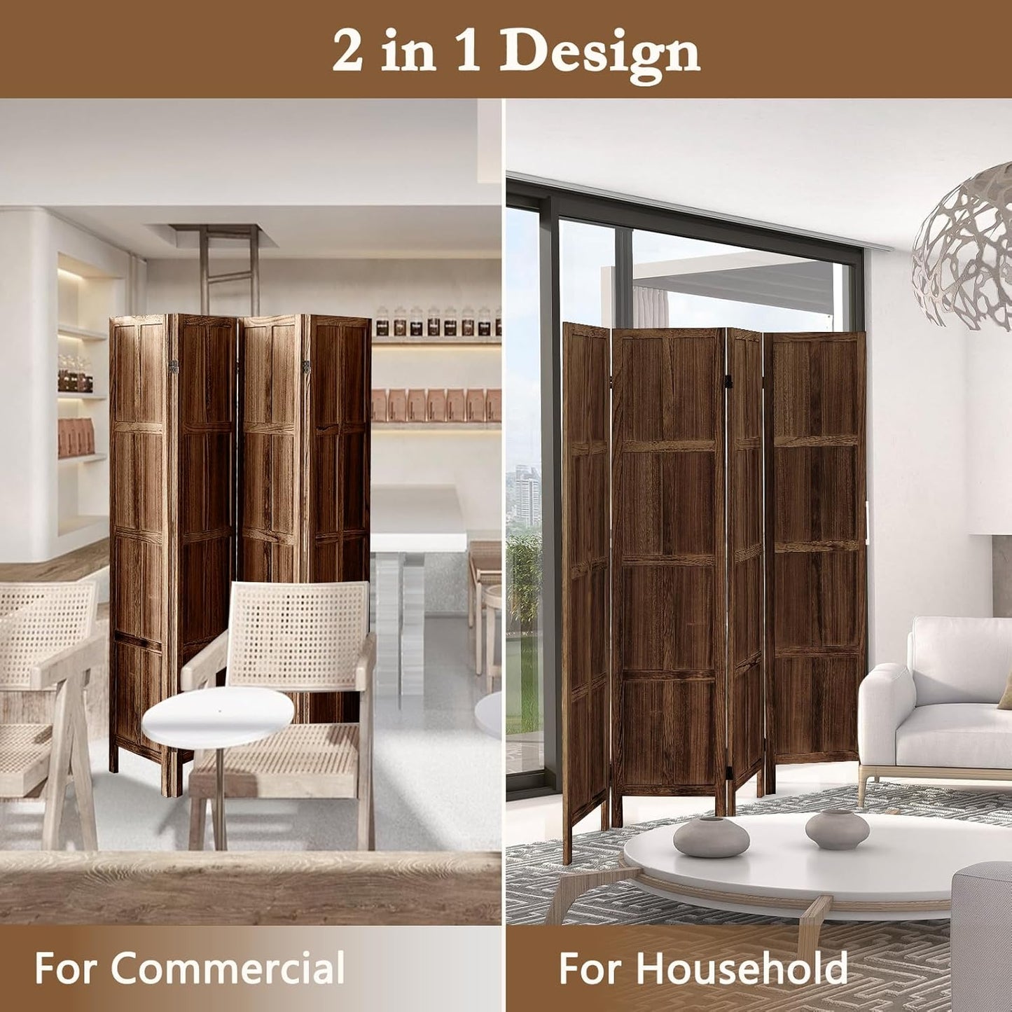 4 Panel Room Divider, 5.6Ft Wood Room Dividers and Folding Privacy Screens, Room Divider Wall Freestanding Room Partitions, Room Dividers Screen for Home Office Restaurant Bedroom, Dark Brown