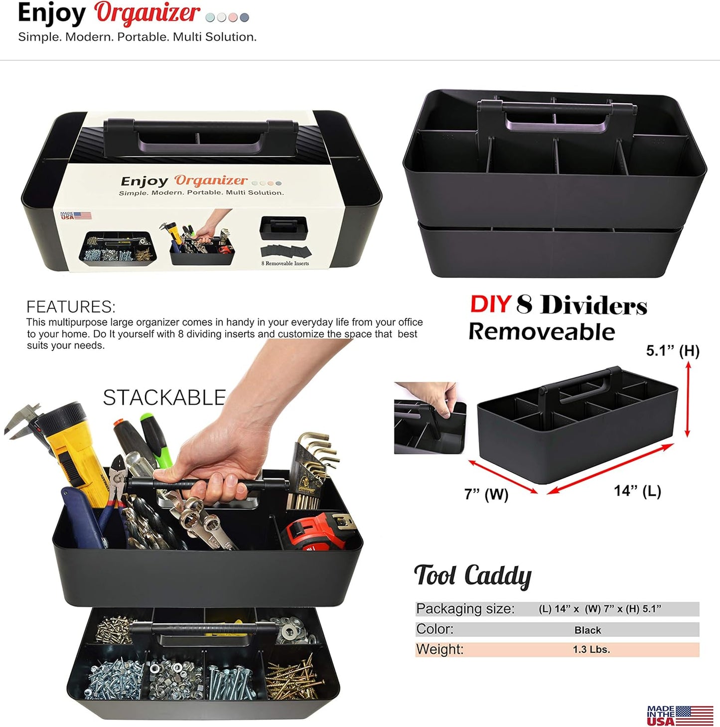 -Large Portable Caddy, DIY Dividers, 8 Compartments, School Office Supplies Home Business Organizer,Portable Basket with Handle Storage Organizer Modern Made in USA (4 PACK, Black)