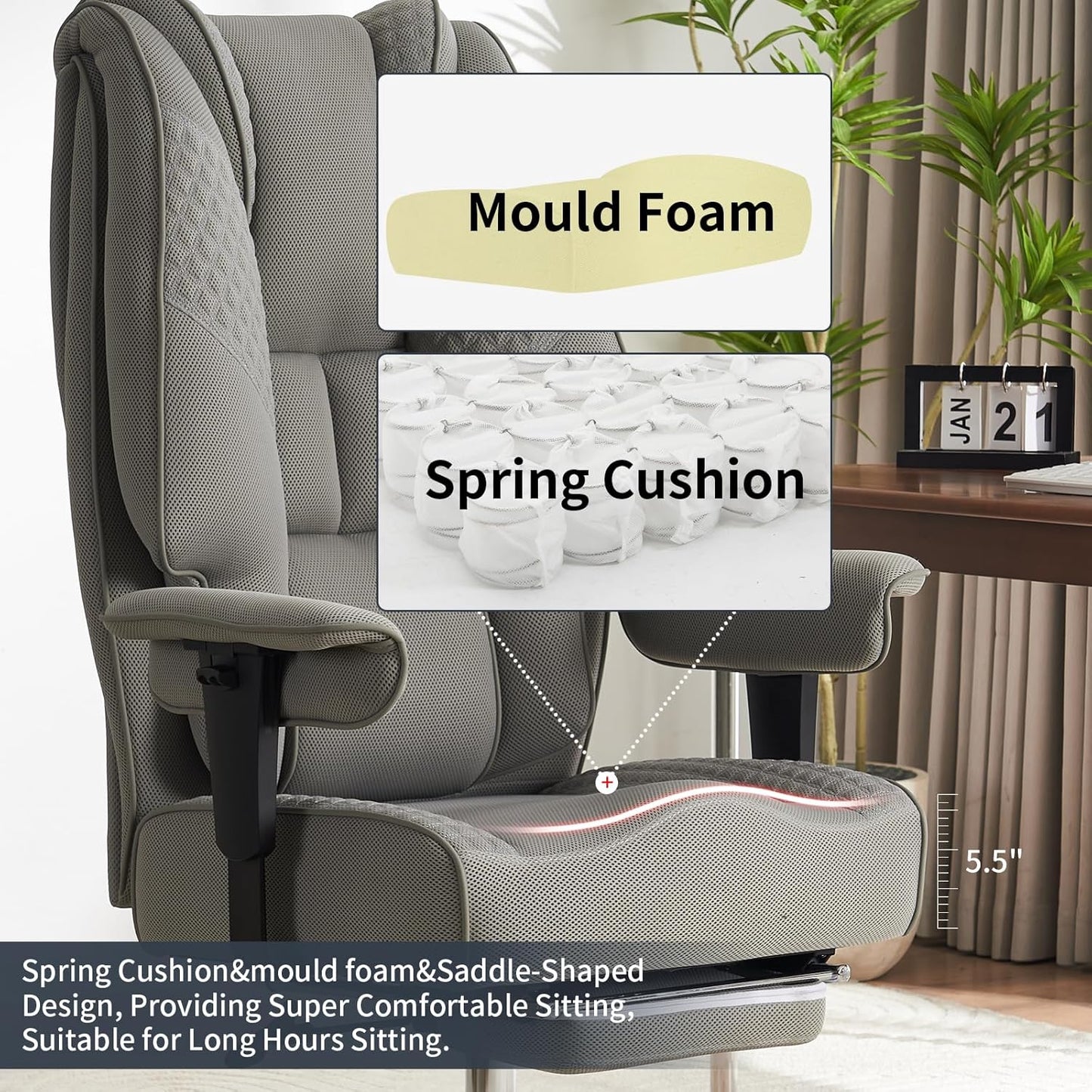 Big and Tall Office Chair 400lbs Wide Seat, Leather High Back Executive Office Chair with Foot Rest, Ergonomic Chairs Lumbar Support for Lower Back Pain Relief (Mesh Light Grey)