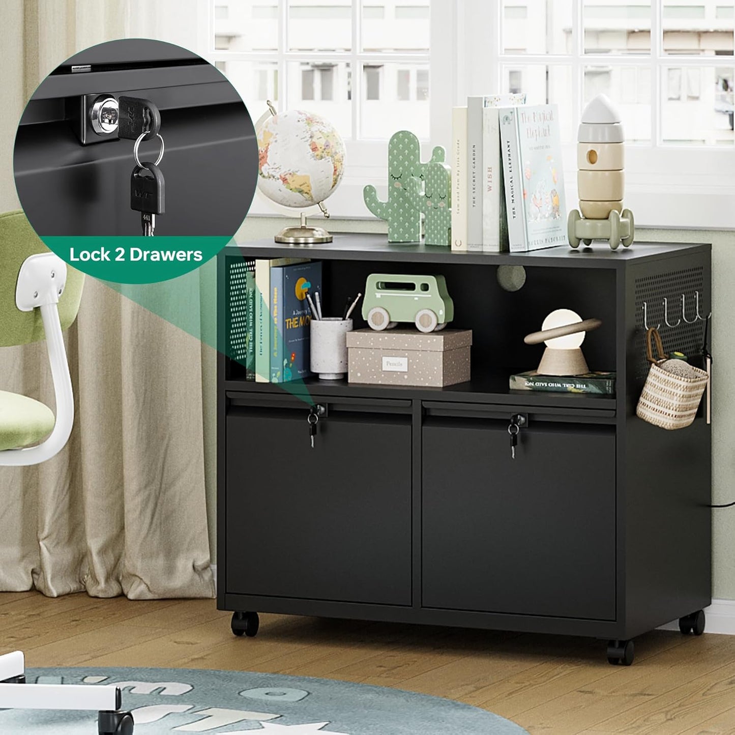 Letaya Mobile 2 Drawer File Cabinet with Lock, Metal Lateral Printer Stand Filing Storage Cabinets with Shelves for Home Office-A4/F4/Letter (Black)