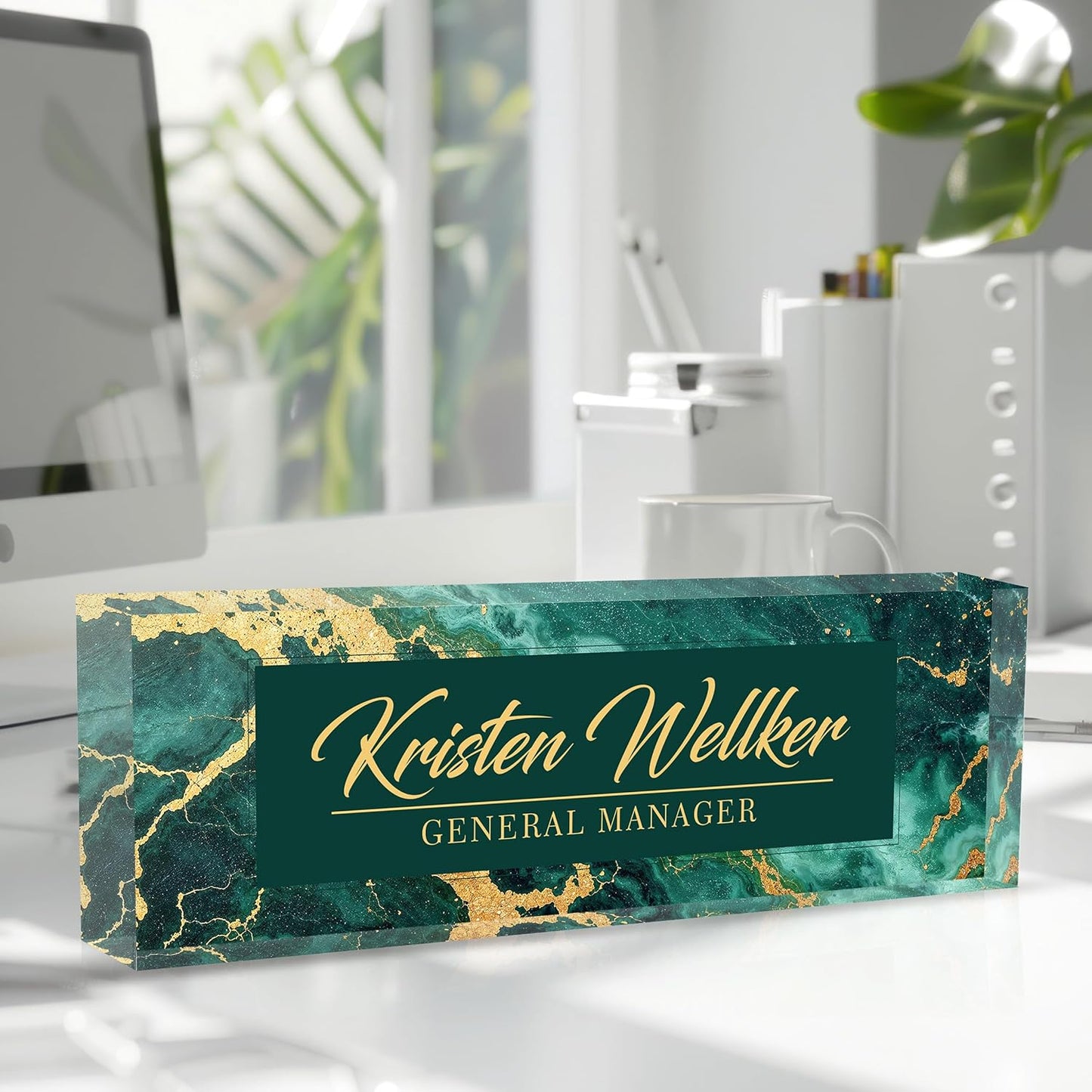 Custom Office Name Plate for Desk, Desk Name Plate Personalized, Personalized Gifts for Women, Appreciation Gifts for Employee Coworkers Boss Teacher, Office Accessories (Green gilding)