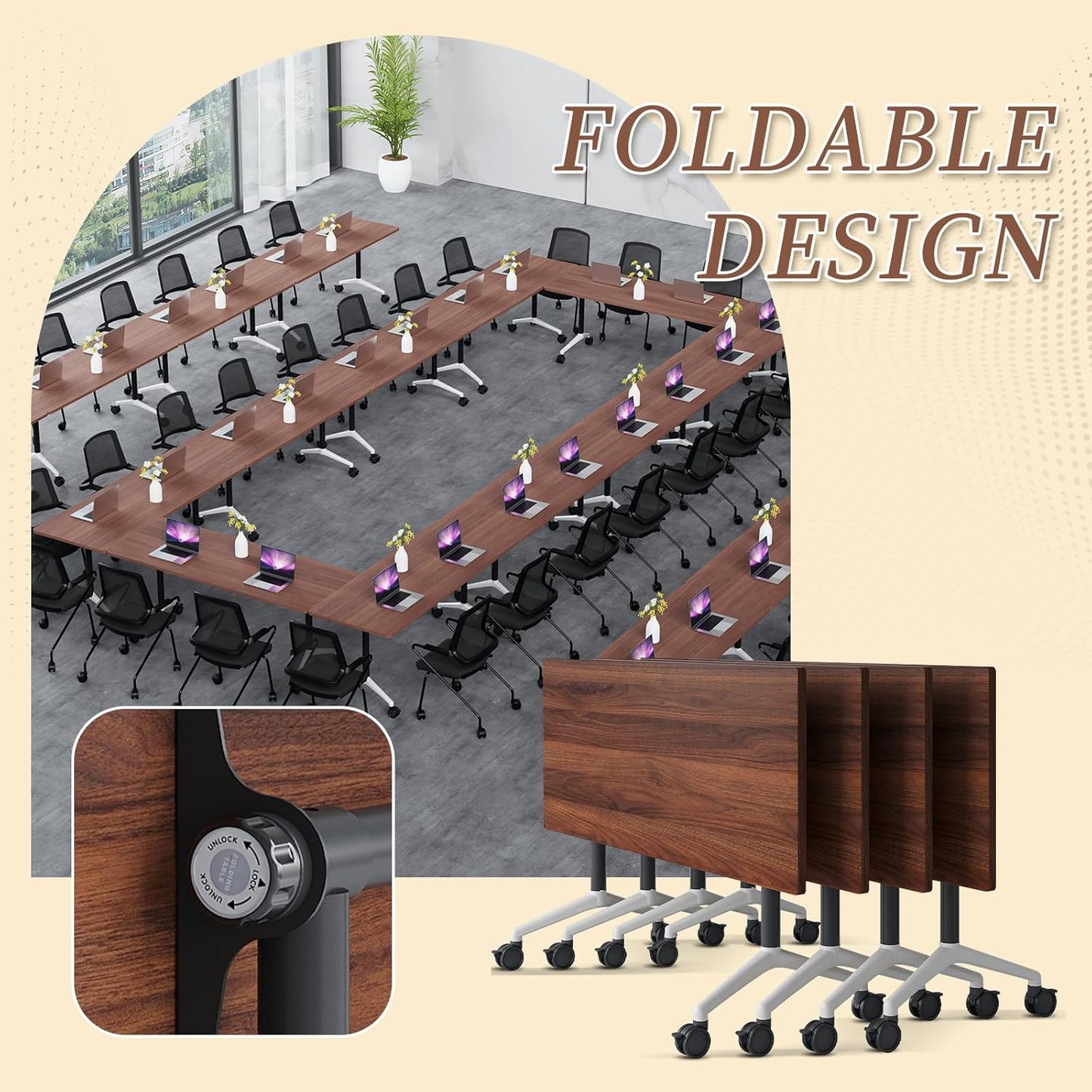 Folding Conference Room Table, Modern Conference Tables with Wheels, Large Rectangular Mobile Training Tables for Office Classroom, Foldable Modular Boardroom Seminar Table (10pack L55.1in)