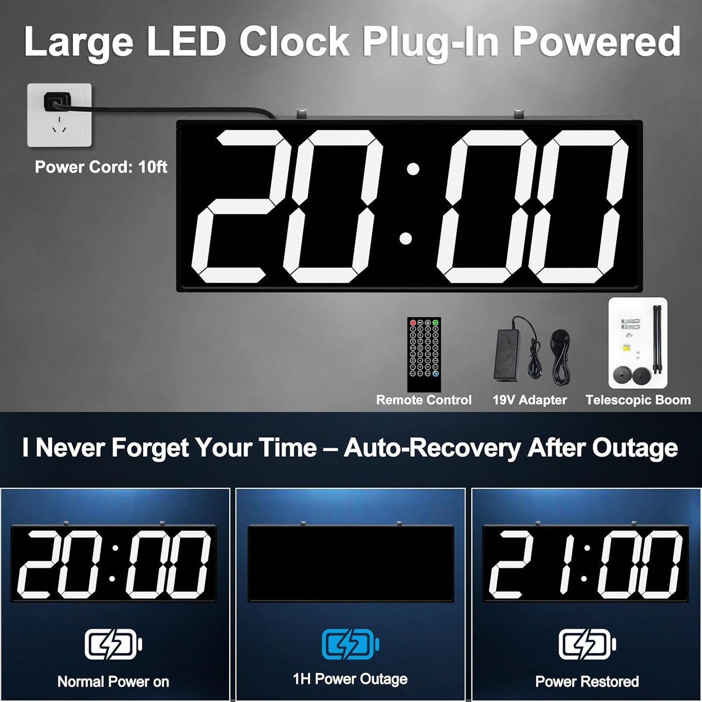 Large Double Sided Digital Wall Clock 19" with Remote Control,Suspended Design for Hospitals, Factories, Airports.