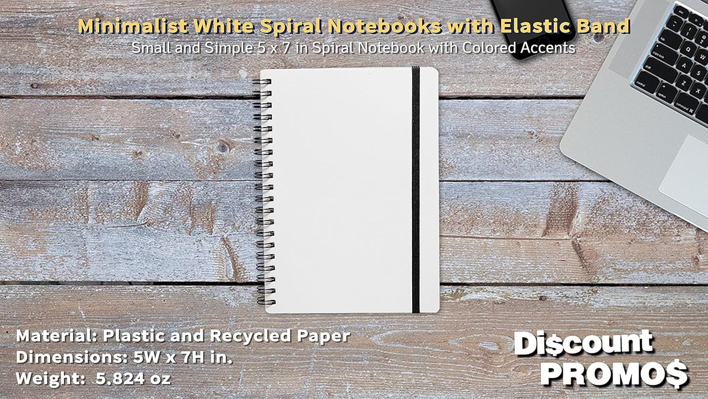 10 White Spiral Notebooks with Elastic Band Pack - 80 lined pages, Recycled - Black
