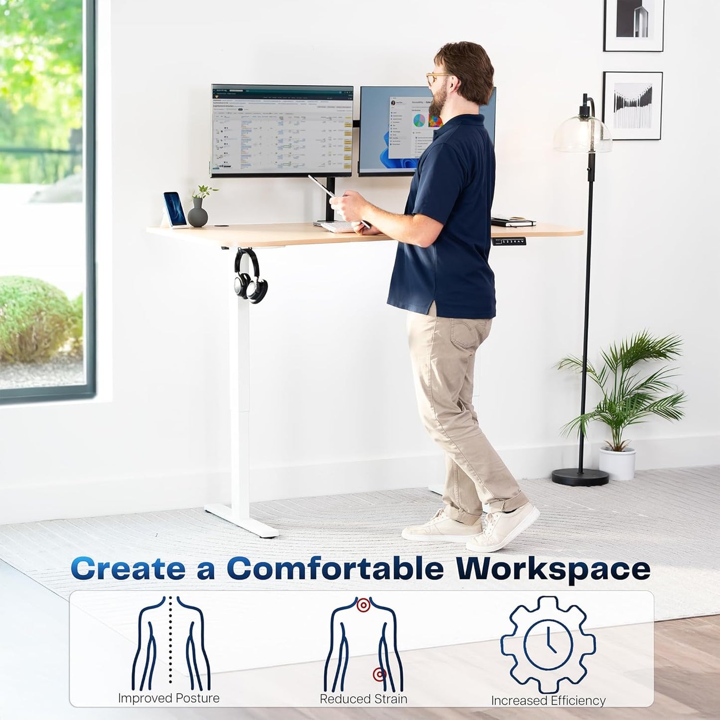 VIVO Electric 63 x 32 in Standing Desk, Memory Height Adjustment, 1B Series, Light Wood Top White Frame, DESK-KIT-1W1C