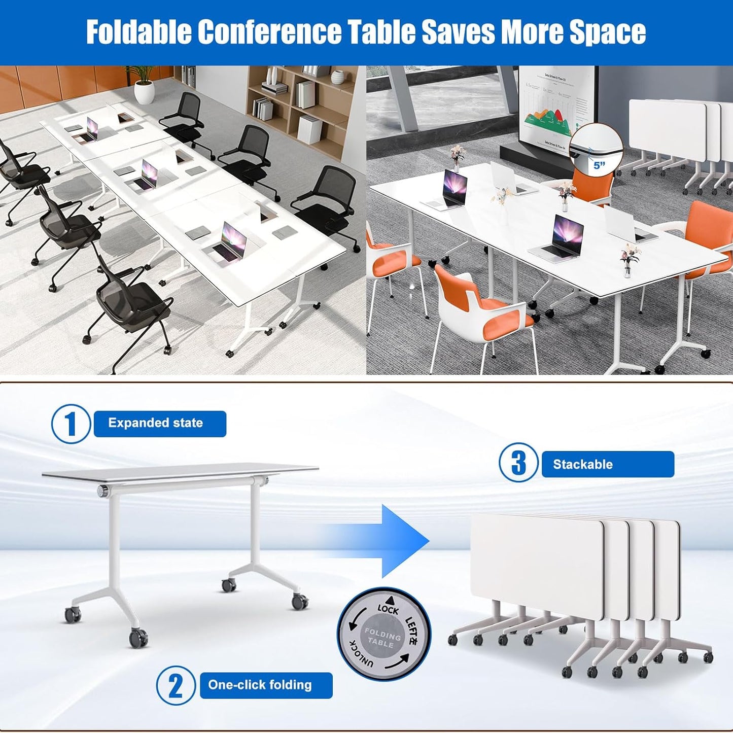 Conference Table, Folding Conference Desk Modern White, Seminar Table with Wheels, 2-10 People for Office, Meeting Break Room (2, 1915, 47IN)